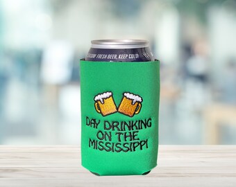 Embroidered Cozies, Day Drinking, Beer Can Coolers, Handmade in the USA, Beverage Holders,Can Coolers, Gifts Under 10, Mississippi River