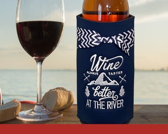 Wine Bottle Holder,Wine is Better at the River, 2Xlg Cozies, Gift for Wine Lovers, Handmade Embroidered Cozies, River Wine, Custom Made Cozy