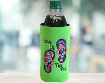 Beverage Holder, Mod Fabric Design, Flip Flop Fun, Water Bottle Cozy, Handmade in the USA, Embroidered Cozies, Appliqué Design, Water Bottle