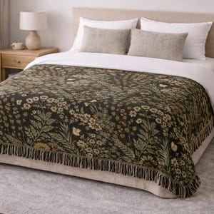 Couvre-lit Jacquard Botanique, Couvre-lit en Coton Tissé avec Franges, Style Vintage pour Lit et Canapé