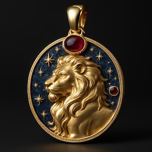 Può includere: Ciondolo dorato con un profilo dettagliato di testa di leone, circondato da uno sfondo blu scuro con dettagli di stelle. Due pietre preziose rosse sono incastonate nel ciondolo. Il ciondolo ha un'ansa dorata per una catena. Diametro: circa 3,5 cm.