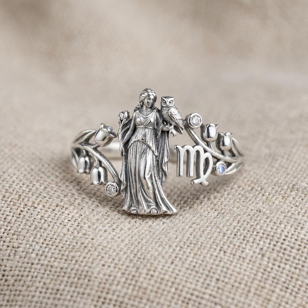 Virgo Zodiac Ring Silver Art Nouveau Goddess Owl Floral Band