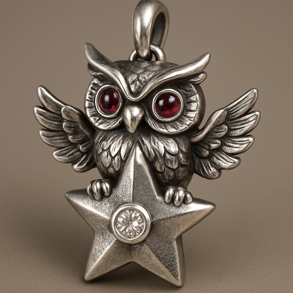 Sterling Silver Owl and Star Pendant with Red Eyes &ndash; Celestial Gothic Owl Necklace Charm