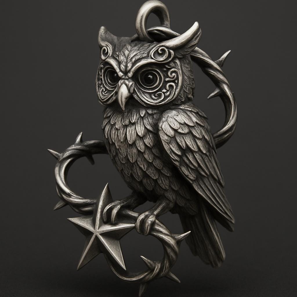 Mystic Owl Pendant in Solid 925 Sterling Silver, Gothic Thorn & Star Celestial Necklace, Wiccan 