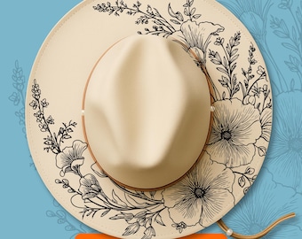 Flowers Hat Burning Traceable Design, Laser Engraving Stencil For Wide Brim Hats, Pyrography Traceable SVG, PNG Digital Files