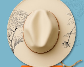 Peonies Hat Burning Design, Laser Engraving Stencil For Wide Brim Hats, Pyrography Traceable SVG, PNG Digital Files