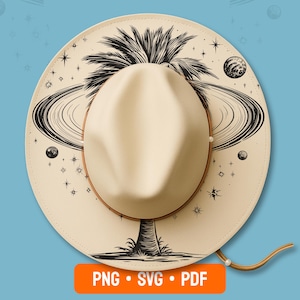 May include: A cream-colored fedora hat with a brown leather band and chin strap. The hat's brim features a black and white illustration of a palm tree, planets, and stars. The bottom right corner of the image has the text "PNG • SVG • PDF".