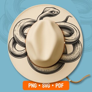 May include: A beige fedora-style hat with a black snake illustration wrapping around the crown. The hat has a brown leather band and a chin strap. The bottom right corner of the image has an orange rectangle with the text "PNG • SVG • PDF".
