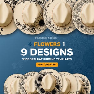 Puede incluir: Nueve sombreros de ala ancha con diseños florales se muestran sobre un fondo azul. Los sombreros tienen una corona y ala de color crema, con patrones florales negros. El texto "FLOWERS 1" y "9 DESIGNS" es visible.