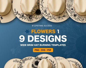 Set of 9 Hat Burning Designs, Flower Pyrography Stencil, Laser Engraving Hat Design, Wide Brim Burning Template SVG, PNG Digital Files