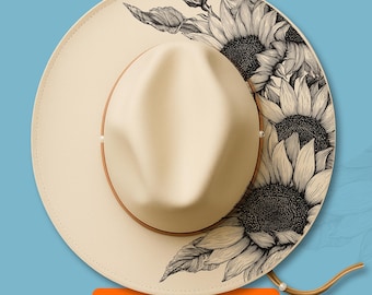 Sunflowers Hat Burning Design, Laser Engraving Stencil For Wide Brim Hats, Pyrography Traceable SVG, PNG Digital Files