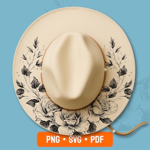 May include: Cream-colored hat with a wide brim, featuring a floral design in black ink. The hat has a rounded crown and a brown leather chin strap. The brim is decorated with roses and leaves. The image also includes the text "PNG • SVG • PDF".