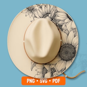 May include: A cream-coloured fedora-style hat with a wide brim, decorated with a black and white sunflower design. The hat has a brown leather band and a chin strap. The image includes the text "PNG • SVG • PDF" in an orange rectangle.
