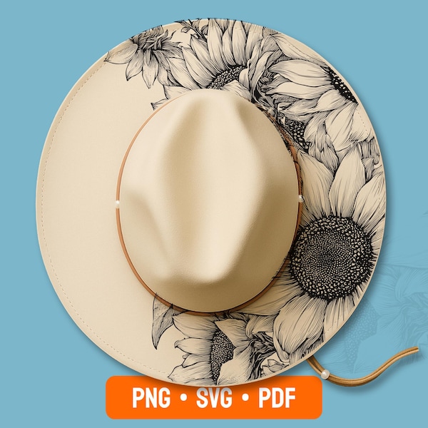 Sonnenblumen-Hutbrennmuster, Lasergravur-Schablone für breitkrempige Hüte, Pyrographie-Vorlage (SVG, PNG)