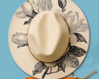 Magnolias Hat Burning Design, Laser Engraving Stencil For Wide Brim Hats, Pyrography Traceable SVG, PNG Digital Files