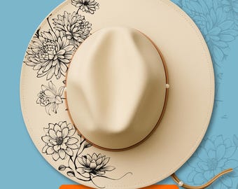 Flowers Hat Burning Design, Laser Engraving Stencil For Wide Brim Hats, Pyrography Traceable SVG, PNG Digital Files