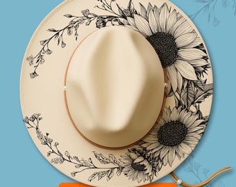Sunflowers Hat Burning Design, Laser Engraving Stencil For Wide Brim Hats, Pyrography Traceable SVG, PNG Digital Files