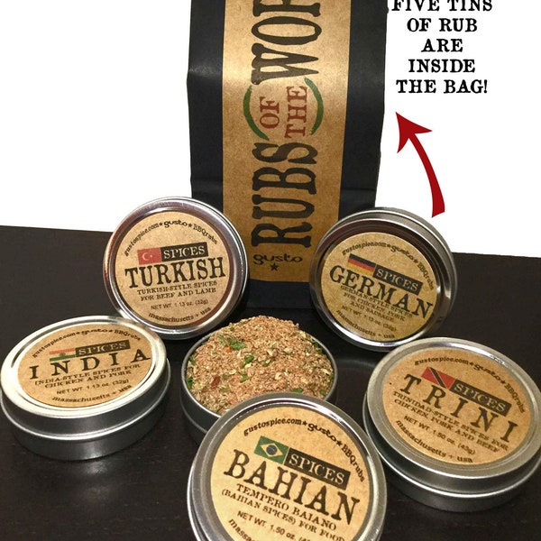 Gusto's  RUBS of the WORLD Barbecue Sampler -  A Tasty Worldwide 5 Rub Set for Beef, Lamb, Pork, Poultry, Veggies