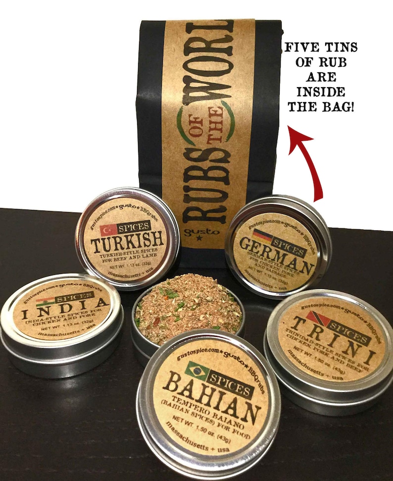 Gusto Spice original RUBS OF THE WORLD barbecue rub set featuring five worldly spice rubs.  
Featured blends = Germany, Turkey, Trinidad, India and Brazil. 
No fillers, MSG or other flavor enhancers. Handmade by us in Massachusetts. 
Gusto Spice Etsy