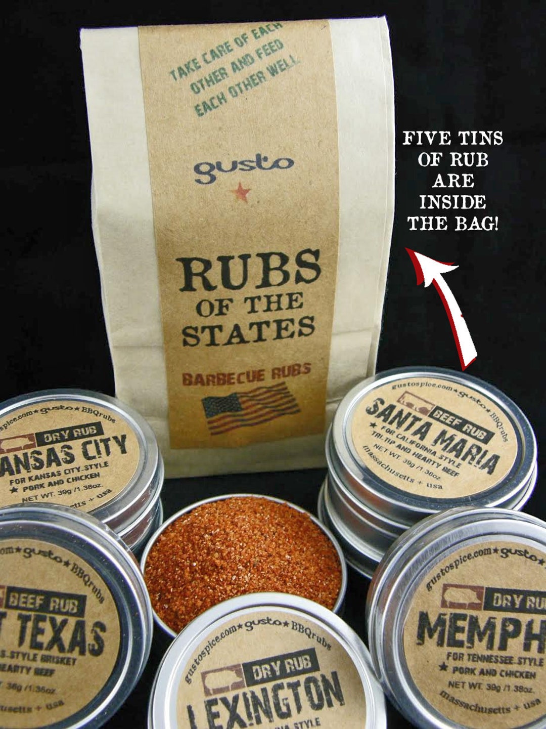 Gusto's Original Barbecue RUBS of the STATES BBQ Sampler Gift Set Excellent  Grilling Gift 