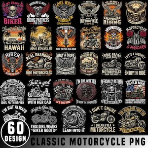 Könnte beinhalten: Eine Sammlung von 60 klassischen Motorraddesigns im PNG-Format. Die Designs zeigen verschiedene Grafiken, darunter Totenköpfe, Flügel, Motorräder und Texte wie "Biker", "Ride Motorcycles" und "Motorcycle". Die Farbpalette umfasst Rot, Schwarz und Weiß.