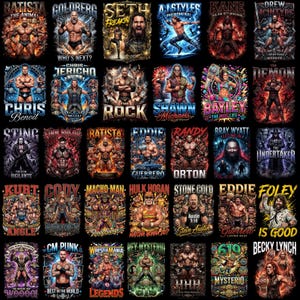 May include: A collage of thirty individual graphic posters featuring professional wrestlers including Batista, Goldberg, Seth Rollins, AJ Styles, Kane, Drew McIntyre, Chris Benoit, Chris Jericho, The Rock, Shawn Michaels, Bayley, and The Demon.