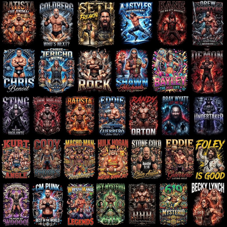 May include: A collage of thirty individual graphic posters featuring professional wrestlers including Batista, Goldberg, Seth Rollins, AJ Styles, Kane, Drew McIntyre, Chris Benoit, Chris Jericho, The Rock, Shawn Michaels, Bayley, and The Demon.
