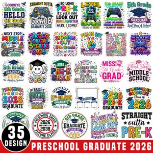 Peut inclure: Une collection de trente-cinq designs graphiques numériques colorés sur le thème de la remise des diplômes scolaire pour la maternelle et le CM2. Les illustrations incluent des textes comme 5th Grade Graduate, Pre-K Grad et Class of 2026.