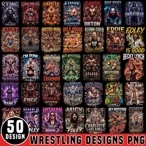 Könnte beinhalten: Eine digitale Sammlung von 50 Wrestling-Grafikdesigns mit verschiedenen Profi-Wrestlern wie Sting, Hulk Hogan und Stone Cold Steve Austin. Jedes Design enthält lebendige Farben, Action-Posen und die Namen der Wrestler in fetter Schrift.