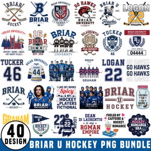 May include: A digital collection of 40 Briar University hockey-themed graphic designs featuring various logos, team jerseys, player illustrations, text slogans, and sports equipment icons in a variety of colours, fonts, and layouts for apparel.