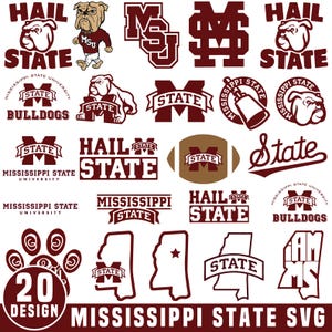 Puede incluir: Una colección de 20 diseños SVG de la Universidad Estatal de Mississippi en borgoña y blanco. Los diseños incluyen la mascota bulldog de la escuela, las palabras "Hail State" y las letras "MSU".