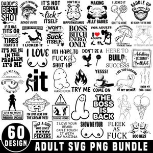 Peut inclure: Un ensemble de 60 motifs SVG et PNG pour adultes en noir et blanc. Les motifs comprennent diverses phrases et illustrations humoristiques, telles que "Daddy's Best Shot", "I Love It When She Bends Over" et "Hard Dick".