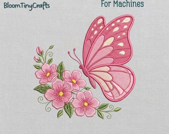 Pink Butterfly Embroidery Design, Coquette Butterfly, Cherry Blossom Motif, Feminine Floral Art, Spring Botanical