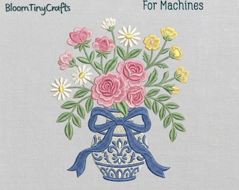Chinoiserie Vase Embroidery, Blue and White Ginger Jar, Grandmillennial Decor, Pink Rose Bouquet, Preppy Blue Bow, Machine Files