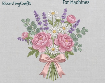 Peony Bouquet Machine Embroidery Design, Lavender Daisy Floral Pattern for Sweatshirt Tote Bag (Digital File)