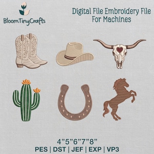 May include: Digital embroidery file featuring Western-themed designs. Includes images of cowboy boots, a hat, a steer skull with a heart, a cactus, a horseshoe, and a rearing horse. The file sizes are 4", 5", 6", 7", and 8".