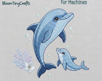 Dolphin Embroidery, Mama and Baby Dolphin, Ocean Nursery, Sea Life Coastal, Coral Reef Art, Motherhood Motif