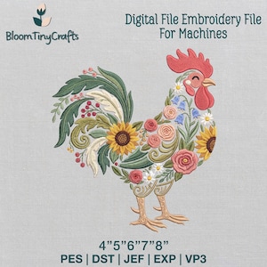 Puede incluir: Un diseño de bordado de un gallo, adornado con motivos florales. El gallo tiene una cresta y una barbilla rojas, con girasoles, rosas y otras flores que forman su cuerpo. El texto "Digital File Embroidery File For Machines" está en la parte superior. El diseño está disponible en tamaños de 10, 13, 15, 18 y 20 cm.