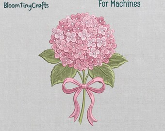 Bordado de hortensias rosas, estampado de lazo floral estilo preppy, diseño floral grandmillennial, encanto sureño botánico, motivo primaveral cottagecore