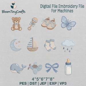 Puede incluir: Archivo de bordado digital con diseños temáticos de bebés. Incluye un oso de peluche, sonajero, zapatos, mariposa, luna y estrellas, velero, calcetines, nube, ballena, avión, lazo y biberón. Los tamaños de archivo son 10,16cm, 12,7cm, 15,24cm, 17,78cm y 20,32cm de ancho.