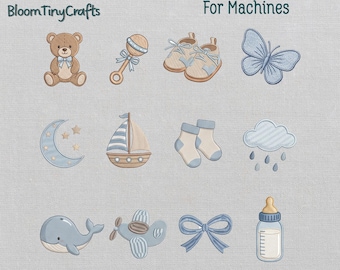 Mini Nursery Toys Machine Embroidery Design, Teddy Bear and Booties Pattern for Onesie Blanket Decor (Digital File)