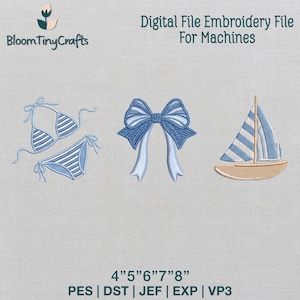 Preppy Summer Embroidery, Nautical Bow Design, Coastal Sailboat, Beach Bikini Pattern, Mini Seaside Bundle, Ocean Machine Files