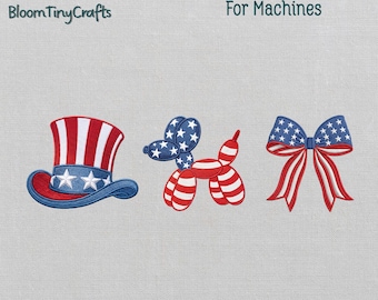 4th of July Embroidery, Coquette 4th of July, Patriotic Balloon Dog, Uncle Sam Hat, Red White Blue, Americana Bow, USA Baby