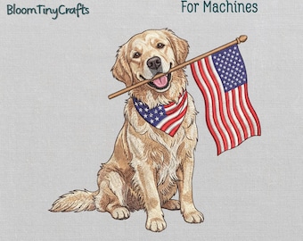 Patriotic Golden Retriever Embroidery, American Flag Dog Design, 4th of July Pattern, USA Puppy Shirt, Independence Day, Machine Files