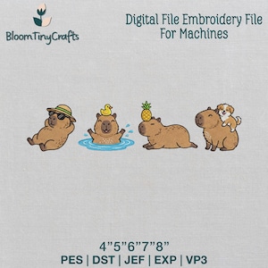 Bordado fofo de capivara, estampa divertida de animal descontraído, vibe kawaii de verão, capivara com filhote, patinho de borracha, mini kit de roupas da moda