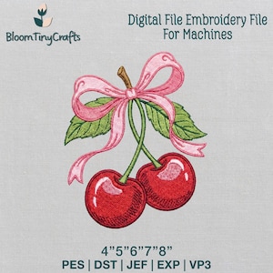 Może przedstawiać: Haftowany wzór dwóch czerwonych wiśni z zielonymi liśćmi i różową kokardą. Tekst "Digital File Embroidery File For Machines" znajduje się na górze. Dostępne w rozmiarach 10cm, 13cm, 15cm, 18cm i 20cm.