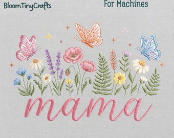 Floral Mama Embroidery, Wildflower Meadow Pattern, Boho Butterfly Mom Design, Botanical Mother Sweatshirt, Mothers Day Gift, Cottagecore Art