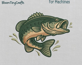 Jumping Bass Embroidery, Fishing Shirt Design, Largemouth Bass PES, Tackle Bag Pattern, Sport Fishing Motif, Lake Life Decor
