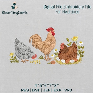 Puede incluir: Un diseño de bordado con un gallo, una gallina y un pollo. El gallo es marrón con una cresta roja, la gallina es marrón y el pollo es gris. El texto dice "Digital File Embroidery File For Machines."