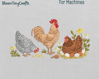Bordado de familia de gallinas, patrón de gallo, diseño de gallina en nido, decoración de cocina rústica, aves de corral de traspatio, archivos de máquinas de cultivo en el campo.